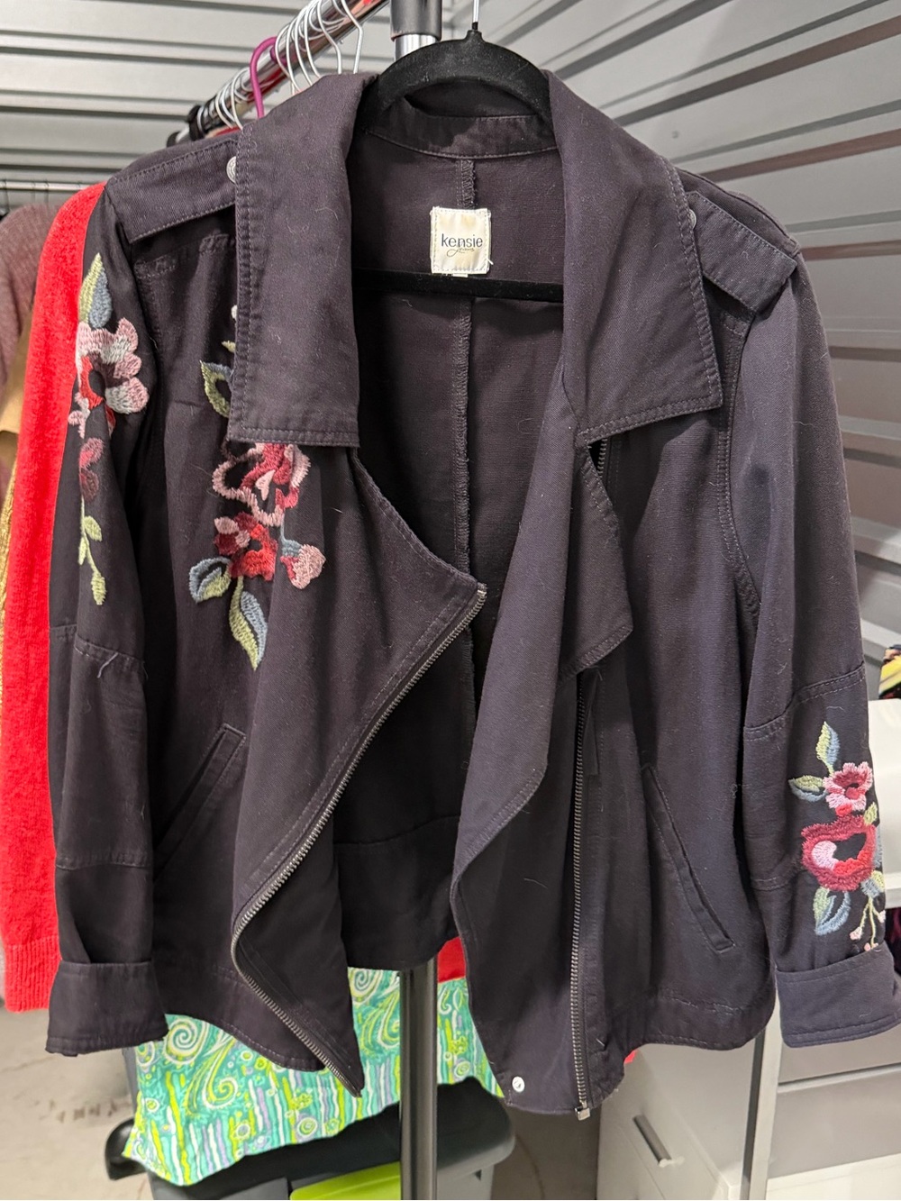 Kenzie Black Embroidered Floral Moto Jacket - Women's